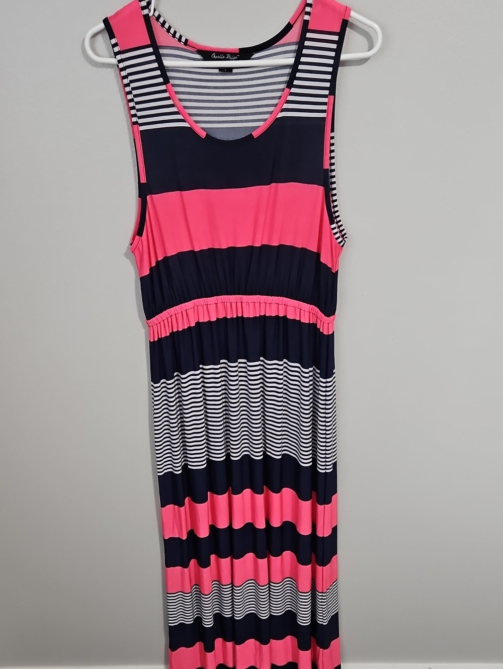 Charlie Paige Pink and Navy Striped Maxi Dress
